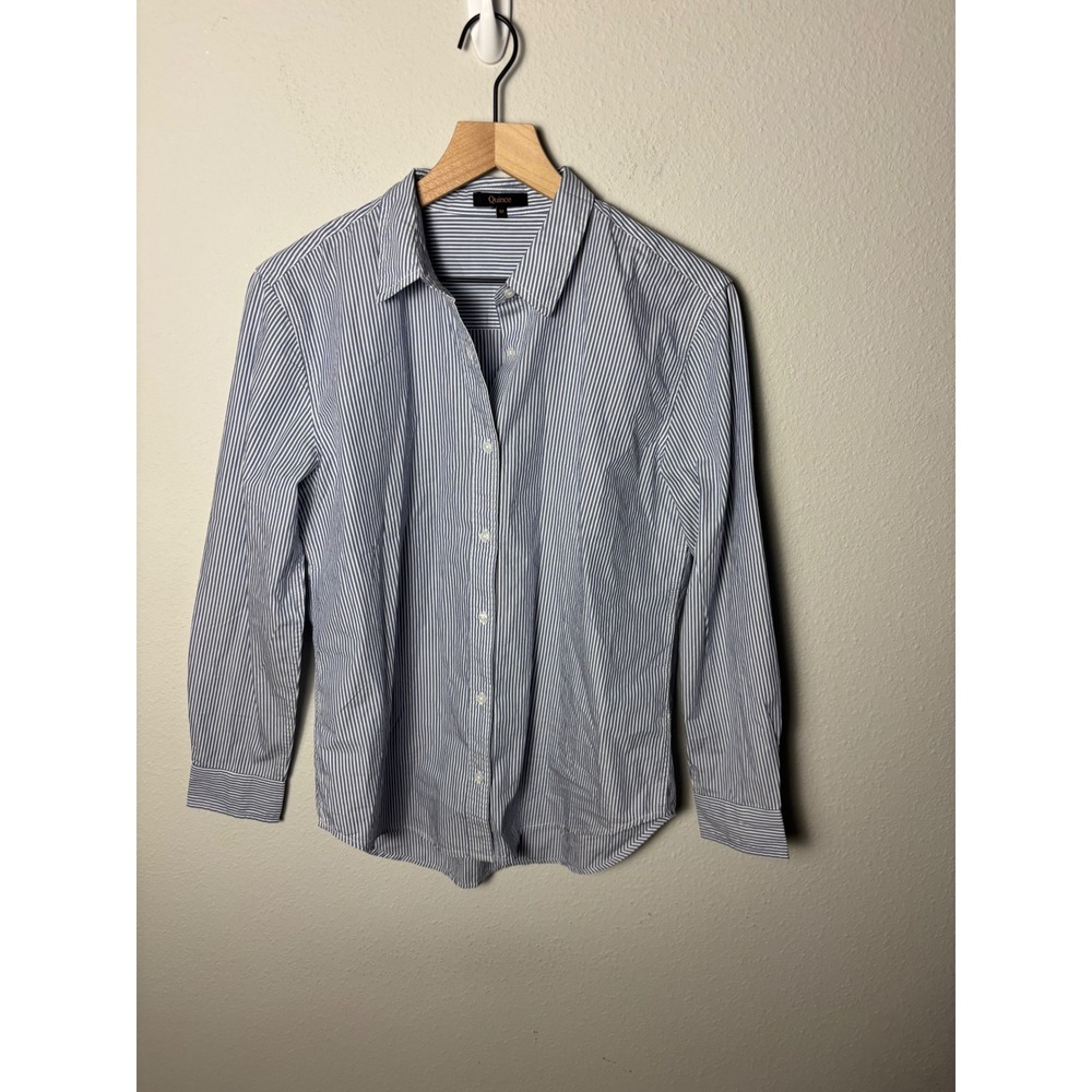 Quince 100% Organic Cotton Poplin Long Sleeve Shirt Light Blue Stripe Size M